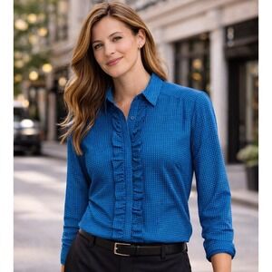 New York & Company Women Blue Polka Dot Ruffle Blouse Medium M Button Up